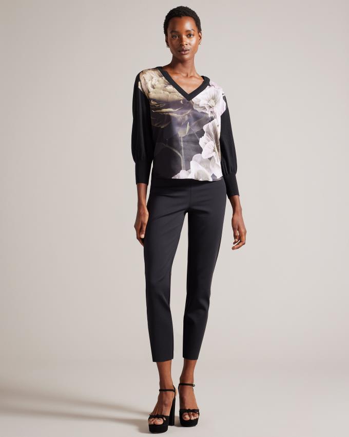 Pull Ted Baker V Neck Floral Front Noir Femme | MRC-51455528